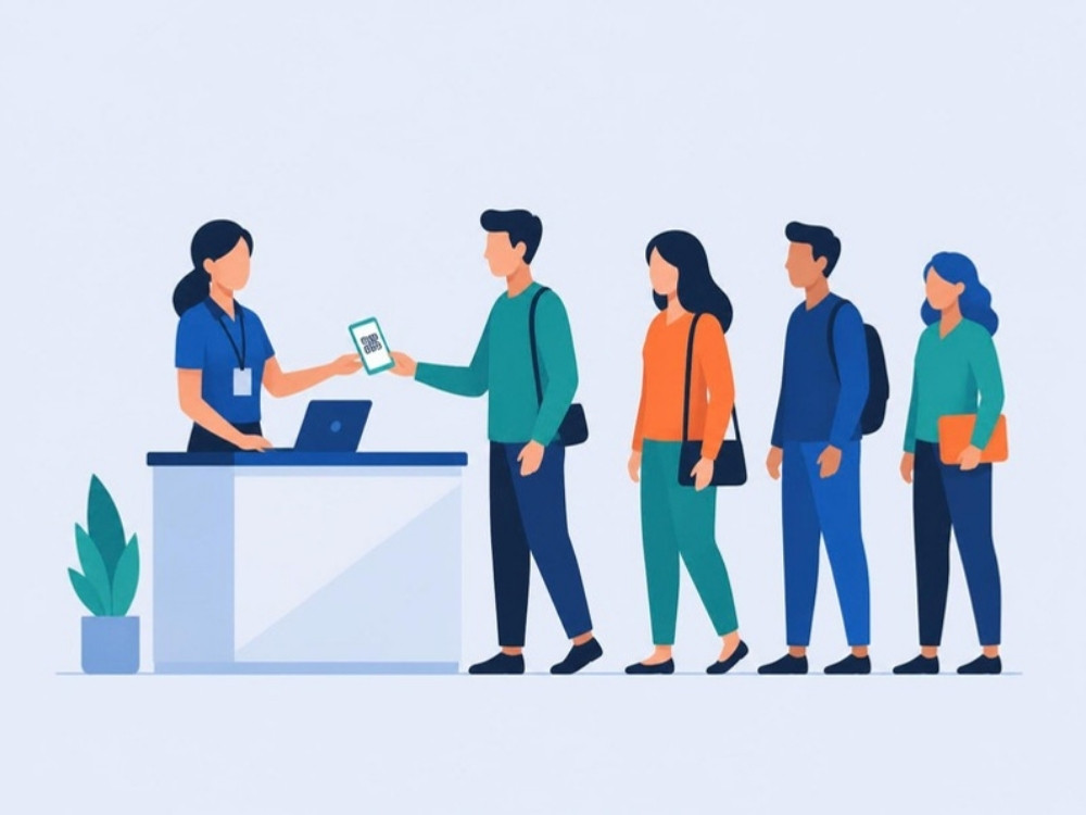 Ilustración de una fila ordenada de personas siendo atendidas en una mesa de inscripción