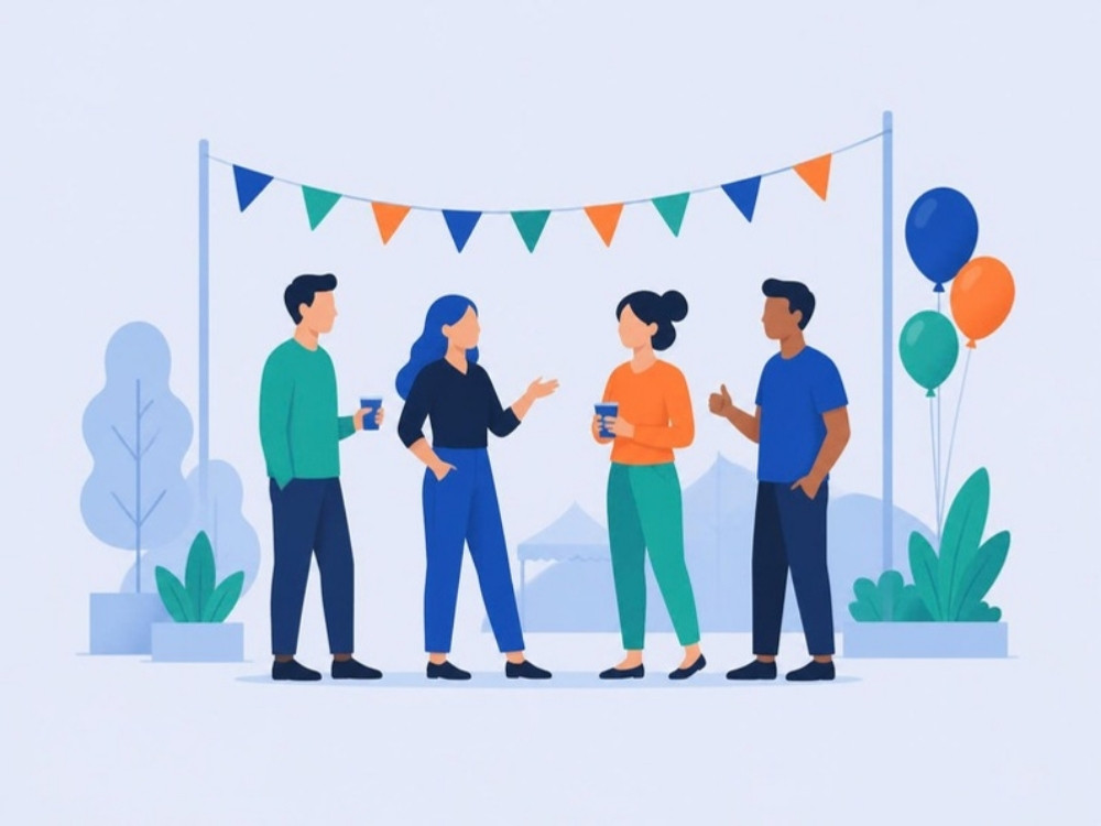 Ilustración de un grupo de personas conversando y disfrutando de un evento