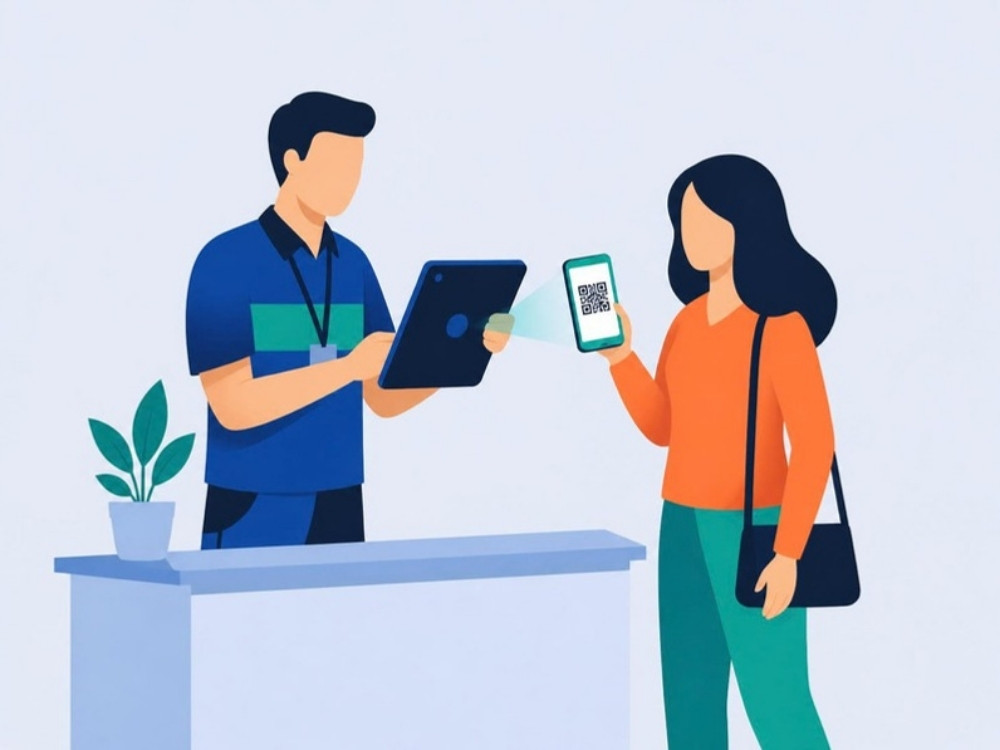 Ilustración de un anfitrión escaneando con una tablet el código QR del teléfono de un asistente